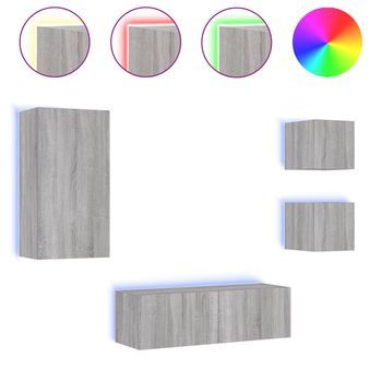 4 Uds Muebles Tv De Pared | Mueble De Salón | Armario Tv Con Luces Led Gris Sonoma