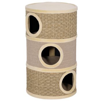 PawHut Barril Rascador para Gatos de 3 Niveles Altura 79 cm Tonel de Escalada con Cama Cubierto de Sisal Caqui y Café