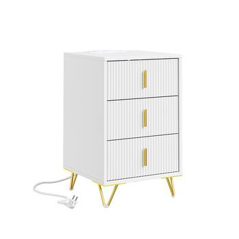 Sobuy Mesita De Noche Blanca Con 3 Cajones Y Puertos Usb, Mdf Aglomerado 40x40x64 Cm Fbt115-l-e-w