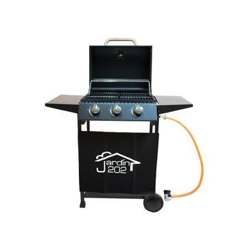 Jardin202 - Barbacoa Gas Alaska 3 Quemadores  Parrilla Gas Con Tapa Y Ruedas  Termometro  Mesas Auxiliares Plegables   (negro)  Negro