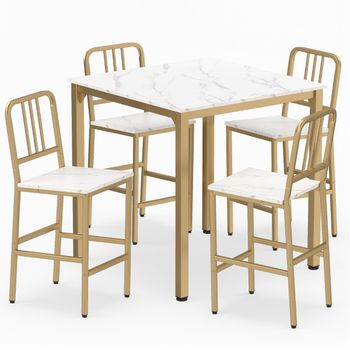 Costway Conjunto de Mesa de Comedor para 4 Personas con Superficie de Mármol Falso Mesa Cuadrada Moderna y 4 Taburetes para Rincón Blanco