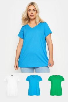 Yours Juego 3 Camisetas De Pico: Azul, Verde Y Blanca, Mujer Curvy Y Tallas Grandes, Yours