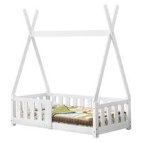 encasa cama para ninos pequenos - cama infantil - 140x70cm - estructura tipi de madera pino - con reja de seguridad - blanco mate