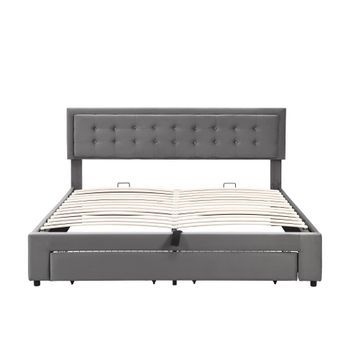 Cama Con Canapé Acolchada 160x200cm En Terciopelo Con Cajón Y Somier Gris (sin Colchón)