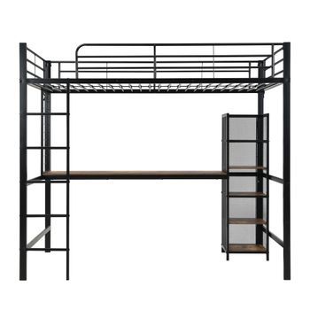 Cama Alta 90x200 - Cama De Hierro Con Escritorio Y Estantería Múltiple, Barandilla Y Escalera Robusta - Negro + Madera Oscura