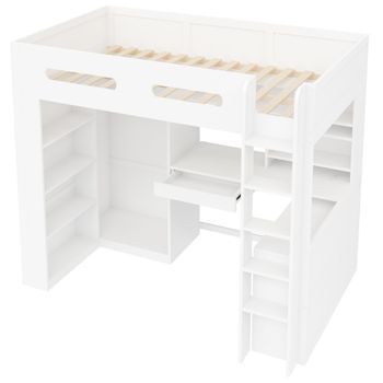 Cama Alta De 90x200 Cm Con Escritorio Integrado, Armario Y Luz Led, Blanca