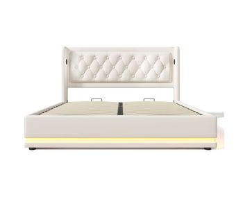 Cama tapizada 160*200 cm - material pu, cama con almacenamiento hidráulico, cabecero acolchado con carga usb tipo-c, función led de 3 lados - blanco