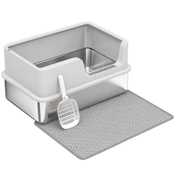 PawHut Arenero para Gatos de Acero Inoxidable XL con Borde Alto Pala Cepillo y Gancho Gris Claro   Aosom España