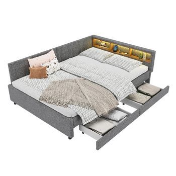 Sofá Cama De Lino Gris Con Luz Led Y Almacenamiento, Cama De Día De 140x200 Cm