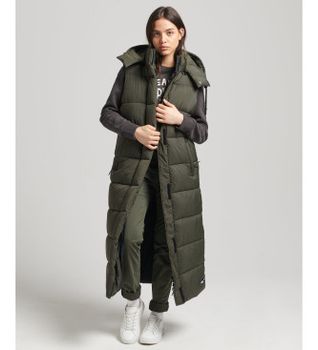 Superdry para mujer. W5011444A Chaleco largo con capucha Ripstop verde (XS), Casual, Poliéster