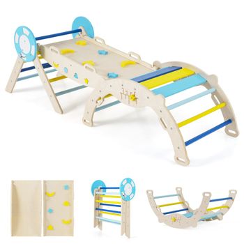 Costway Conjunto Triangular 8 en 1 Juguetes de Escalada para Bebés con Rampa Escalera y Arco Escalada Montessori de Madera con Tema Macaron