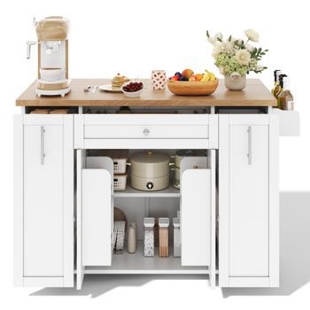 Isla De Cocina Móvil Con Encimera Plegable, Carrito De Cocina Con Ruedas, 3 Cajones Y 2 Puertas, 120x70x87 Cm, Mdf, Blanco