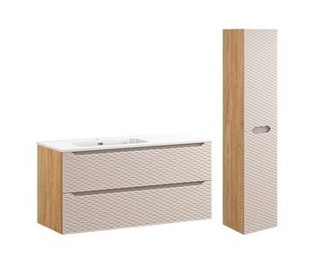 Conjunto de muebles con lavabo individual encastrado lado izquierdo 120cm 2 cajones y columna elora beige y madera