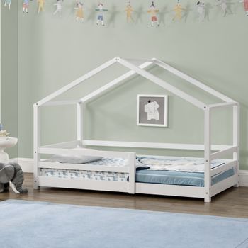 Cama Para Niños - 90 X 200 Cm - Cama Infantil Con Somier - Estructura De Madera Pino - En Diseño De Casa - Con Reja De Seguridad - Protección - Blanco Lacado Mate [en.casa]®