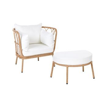 Sillón De Jardín Con Reposapiés De Ratán Sintético Patas De Acero Cojines Blanco Crema Muebles De Exterior Marrón Claro Fonni