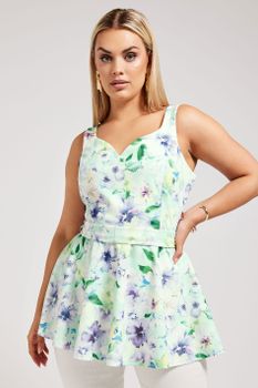 Yours London Top Sin Mangas Peplum Verde De Flores, Mujer Curvy Y Tallas Grandes, Yours London