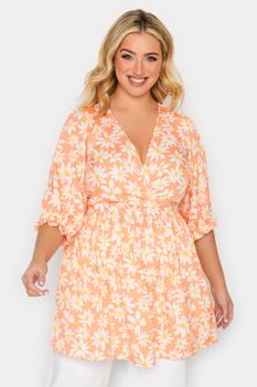 Yours Top Naranja Cruzado De Margaritas, Mujer Curvy Y Tallas Grandes, Yours