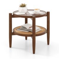 costway mesa auxiliar redonda mesa de cafe de ratan pe con tapa de vidrio templado y patas de madera de acacia 56 x 56 x 46 cm marron