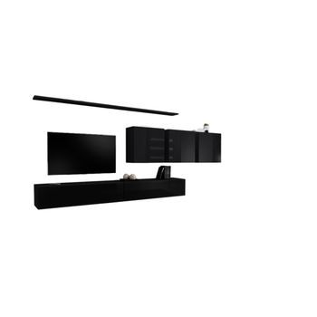 Conjunto De Muebles De Salón Mural Switch Vii Diseño, Color Negro Brillante.