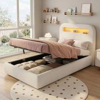 cama infantil tapizada 90x200 cm boucle blanco con somier de lamas cabecero almacenamiento hidraulico iluminacion led y patas de madera maciza