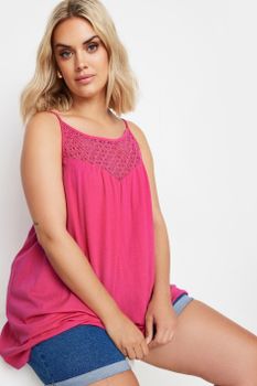 Yours Top De Algodón Rosa Sin Mangas Canesú De Crochet, Mujer Curvy Y Tallas Grandes, Yours