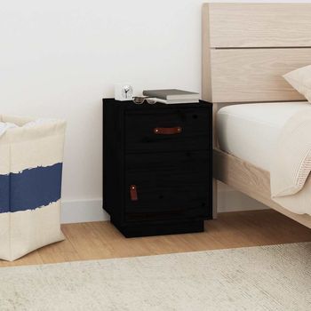Mesita De Noche - Mueble Para Dormitorio - Madera Maciza De Pino - Negro (40x34x55cm)