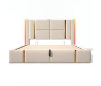 cama baul 180x200 cm tapizada en tela de lino - con led y funcion de carga - con somier de laminas - beige