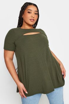 Yours Camiseta Canalé Caqui Cut Out, Mujer Curvy Y Tallas Grandes, Yours