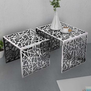 2 Uds Mesa Auxiliar | Mesita Auxiliar | Mesa De Café Cuadrada Aluminio Plateada