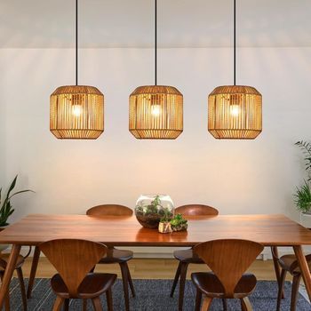 Lámpara Colgante Vintage De 3 Luces En Madera Y Ratán (bombilla No Incluida) Zmh