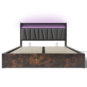 Cama Metálica 160x200cm - Con Función De Carga Usb, Cabecero Con Almacenamiento, Iluminación Led - Gris