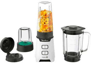 Batidora de vaso - Moulinex LM16L1, 400 W, 1 l, 2 Velocidades, 4 Cuchillas Powelix, Incluye Picadora y Botella 0.6l, Blanco