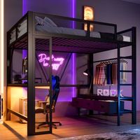 cama alta de 140 x 200 cm con escritorio 3 cajones y perchero - metal - puerto usb leds - negro colchon no incluido
