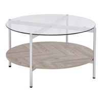 mesa de centro moderna tablero de vidrio templado estructura de metal 1 estante madera clara plateado lovell