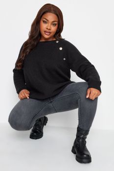 Yours Jersey De Punto Negro Botones En Hombro, Mujer Curvy Y Tallas Grandes, Yours