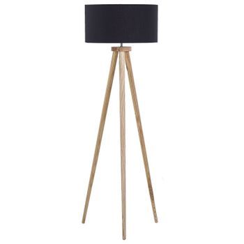 Lámpara De Pie Poli Algodón Negro 142 Cm Paras De Madera Clara De Roble Trípode Pantalla En Forma De Tambor Estilo Moderno Nitra
