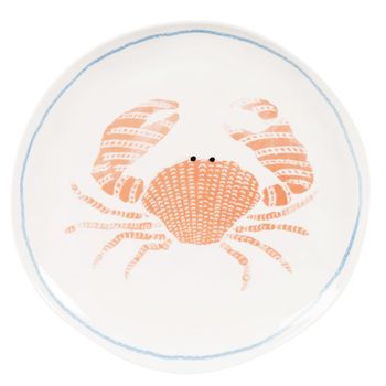 Plato llano de cerámica modelada blanca con cangrejo naranja