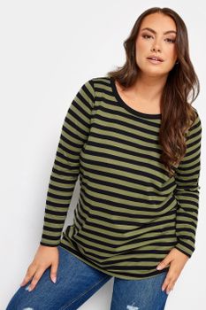 Yours Top Algodón De Rayas Caqui, Mujer Curvy Y Tallas Grandes, Yours