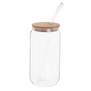 Taza para llevar y pajita de vidrio transparente con tapa de bambú