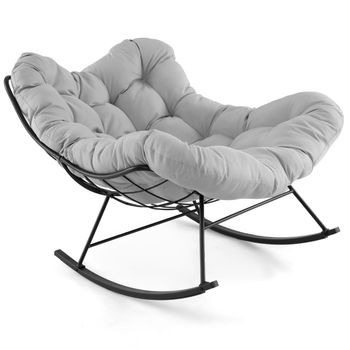 Costway Silla Mecedora para Interior y Exterior con Cojín Acolchado Silla Mecedora con Estructura Metálica Carga 205 kg para Patio Jardín Gris Claro