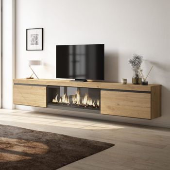 Mueble tv efecto madera roble 267x35x45cm chimenea efecto fuego