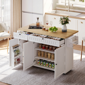 Isla De Cocina De 137 Cm, Con Tablero Abatible, 2 Cajones Y Armario De Almacenamiento, Color Blanco.