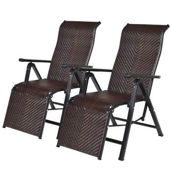 Costway Set de 2 Tumbonas de Ratán de Exterior Silla Reclinable Plegable con Respaldo Regulable para Jardín Patio Playa Interior Marrón