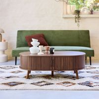 mesa de centro con puertas correderas y efecto madera nogal
