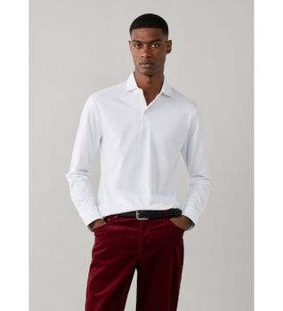 Hackett London para hombre. HM5500049 Polo de manga larga Pima blanco (L), Casual, Algodón, Clásico
