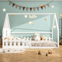 cama infantil en forma de cabana con barrera de seguridad de pino macizo blanco 140x200 cm