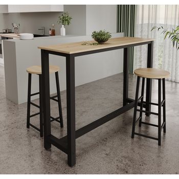 Mesa Alta Con 2 Taburetes | Patas Metal | 140x100x40cm | Barra Cocina | Modelo Ani | Negro Y Sonoma