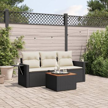 Conjunto De Sofás Jardín 4 Uds | Mueble Jardin Mesa Y Sillas Con Cojines Ratán Sintético Negro Cfw473115