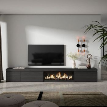 Mueble tv efecto madera negro 317x35x45cm chimenea efecto fuego