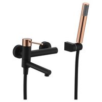 grifo banera-ducha negro y oro rosa en laton y zama con ducha y tubo metal flexible
